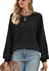 Lace Patchwork Long Sleeve Crewneck Waffle Knit Sweaters