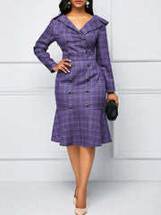 Long Sleeve Plaid Print Midi Dress