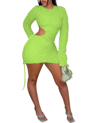 Long Sleeve Ruched Cut Out Drawstring Mini Dress
