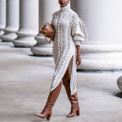 High Collar Slit knit Midi Dress