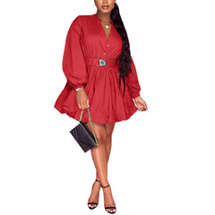 Puffy Long Sleeve Button Down Shirt Dress