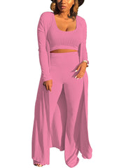 Three Pieces Set Crop Top Long Kimono Cardigan Pants
