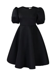 Puff Sleeve Solid Ruched Bodycon Midi Dress