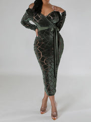 Mesh Patchwork Long Sleeve Bodycon Midi Dress