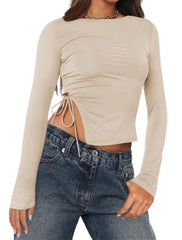 Long Sleeve Ruched Side Irregular Top