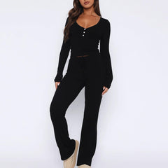Two Piecewo Long Sleeve Tops Straight Leg Pants
