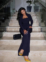 Two Piece Flare Long Sleeve Top Pants Suit