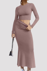 Two Piece Long Sleeve Crop Top Fishtail Skirt