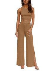 Two Piece Ribbed Cropp Top and Wide Leg Pants