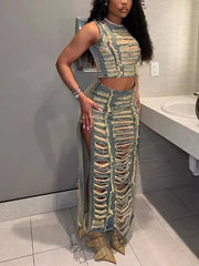 Two-Piece Distressed Denim Tank Top Split Skirt