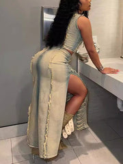 Two-Piece Distressed Denim Tank Top Split Skirt