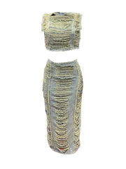 Two-Piece Distressed Denim Tank Top Split Skirt