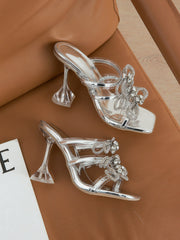 Rhinestone Bow Square Toe High Heel Slide