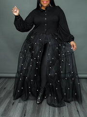 Plus Size Pearl Mesh Patchwork Top