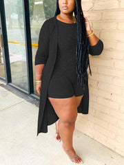 Two Pieces Solid Color Ribbed Romper Cardigan