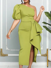 One Shoulder Puff Sleeve Ruffle Slit Dress