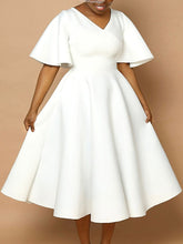 Solid Color Bell Sleeve V-Neck Flared Dress