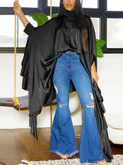 Irregular Loose Batwing Sleeve Silky Button-Up Blouse