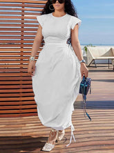 Solid Color Puff Sleeve Drawstring Waist Dress