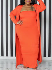 Two Piece Plus Size Solid Color Tube Dress Cardigan Set
