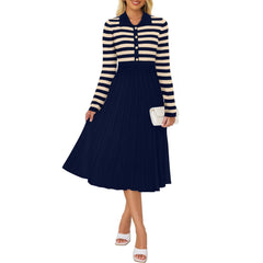 Striped Long Sleeve Button Ribbed Knit Dresses