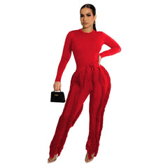 Two Piece Round Neck Top Tassel Pants Set
