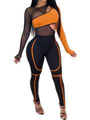 Mesh Two Piece Long Sleeve Bodysuit Long Pants