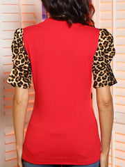 Leopard Print Patchwork Puff Sleeve Blouse