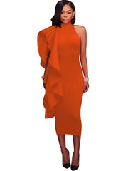 Mock Neck Sleeveless Ruffle Midi Dress