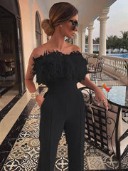 Feather Solid Strapless Open Back Jumpsuit