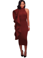 Mock Neck Sleeveless Ruffle Midi Dress