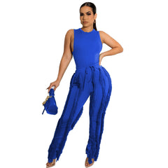 Two Piece Sleeveless Top Tassel Pants