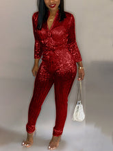 Long Sleeve Sequin Belted Jumpsuit