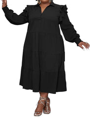 Plus Size Long Sleeve Ruffle Lapel Maxi Dress
