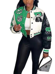 Colorblock Letter Print Baseball Jacket