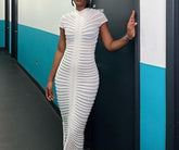 Mesh Short Sleeve Bodycon Ruched Maxi Dress