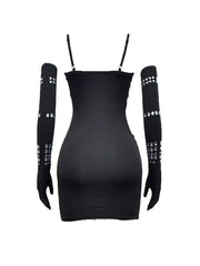 Rhinestone Spaghetti Strap Dress with Gloves