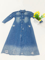 Long Sleeve Ripped Long Denim Jacket