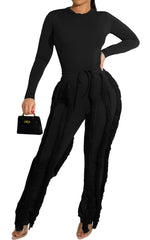 Two Piece Long Sleeve Top Tassel Pants