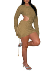 Long Sleeve Ruched Cut Out Drawstring Mini Dress