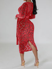 Mesh Patchwork Long Sleeve Bodycon Midi Dress