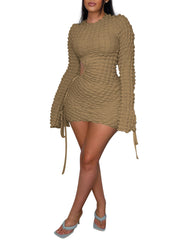 Long Sleeve Ruched Cut Out Drawstring Mini Dress