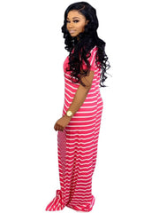 Short Sleeve Crew Neck Stripe Pocket Maxi Dress