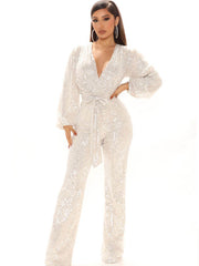 Sequin Long Sleeve V Neck Sparkly Jumpsuit
