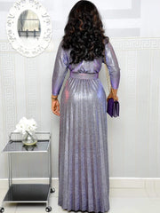 Glitter Long Sleeve V Neck Pleated Maxi Dress
