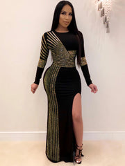 Long Sleeve Hot Drilling Sequins High Split Maxi Dress