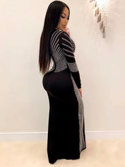 Long Sleeve Hot Drilling Sequins High Split Maxi Dress