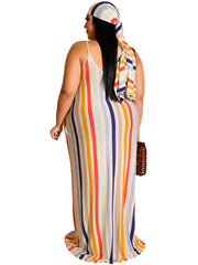 Plus Size Stripe Print Belt Sundress Maxi Dress