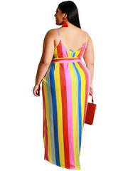 Plus Size Stripe Print Belt Sundress Maxi Dress
