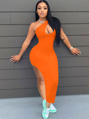 One Shoulder Sleeveless High Slit Midi Dress